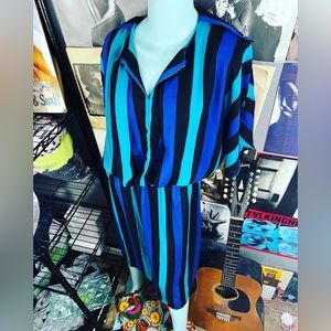 💙VINTAGE 1980’s STRIPED BLUE BLACK DRESS SIZE XL 14